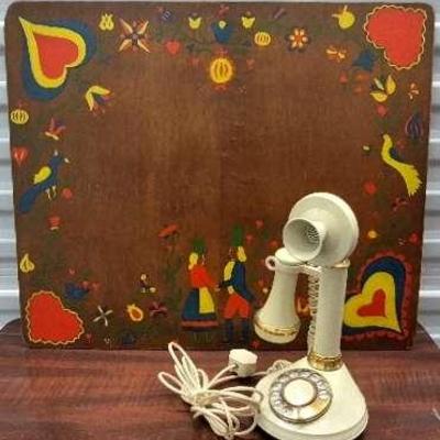 Vintage Deco-Tel Candlestick Rotary Telephone and Folk Art Hand Painted Wooden Board 