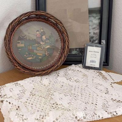 Vintage Basket with Picture Under Blass Bottom with Lace Table Runner (12X36) and More