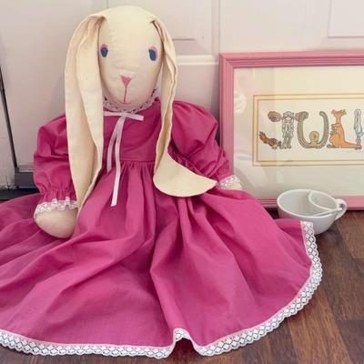 Vintage Bunny Doll, Pink Picture Frame, And Ceramic Tea Cup
