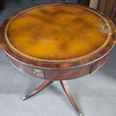 Vintage Mahagony Drum Table With Leather Top and Brass Claw Feet