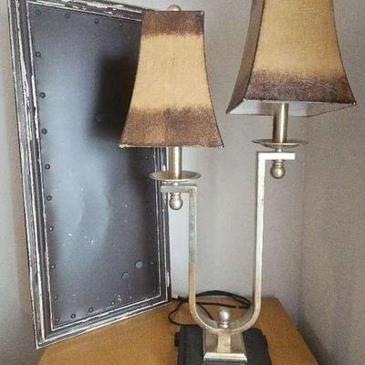 Modern Neoclassical Style Chrome Two-Light Table Lamp And Metallic Board
