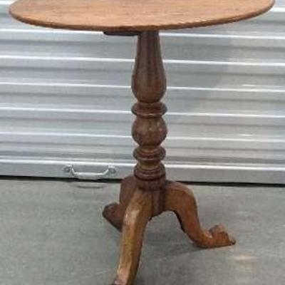 Antique Round Pine Pedestal Side Table 