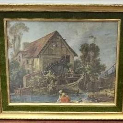 Vintage Moulin "The Mill" In Ornate Gold & Green Velvet  Frame