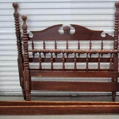 Vintage Full Sized Cherry Wood Bed Frame With Wheels
