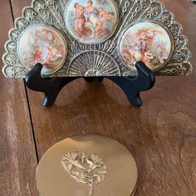 Porcelain Victorian Wall Art In  Fan Shaped Brass Frame, And Powder Compact Case With Mirror