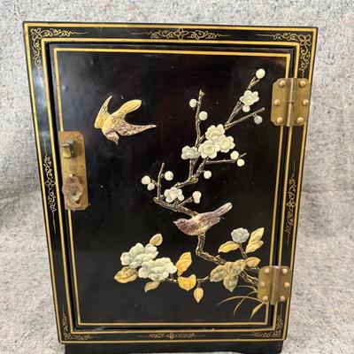 Asian Lacquer Jewelry Cabinet | Carved Stone Inlay Birds & Blossoms | 12"x14"x19.5"H