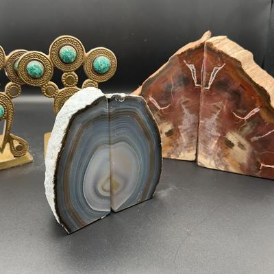Natural Stone Bookends | Agate Geode, Petrified Wood & Brass Faux Turquoise Set | Trio
