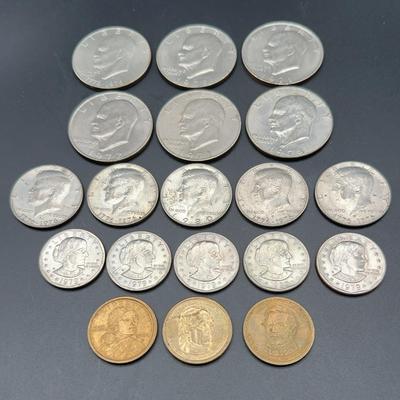 U.S. Dollar Coin Lot | 20 Coins | Eisenhower, Kennedy, Susan B. Anthony, Sacagawea, Presidential