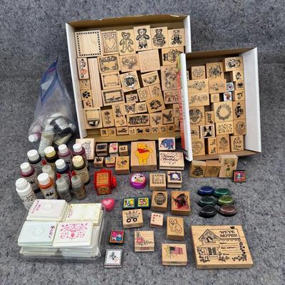 Rubber Stamp Crafting Lot | Wood Mounted Stamps, Inks & Supplies | Holidays, Animals, Quotes