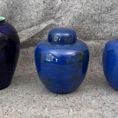 Cobalt Blue Porcelain Jar Trio | Double Ring Marked Lidded Pair + Green Interior Vase 