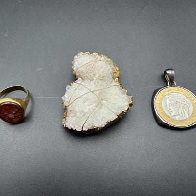 Decorative Jewelry Trio | Cameo Ring, Quartz Pendant, Coin Pendant

