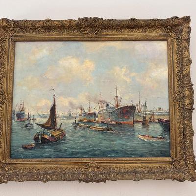 Oil Painting | Bustling Harbor Scene with Dutch Freighters | Signed W.H. Beauthier | Ornate Frame