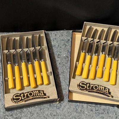 Vintage Stroma Cutlery Sets | Mid-Century Modern Yellow Bakelite Handles | Dutch Made