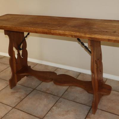 Carved Oak Trestle Table | Dutch Folk Art Style | Decorative Legs & Iron Stretcher