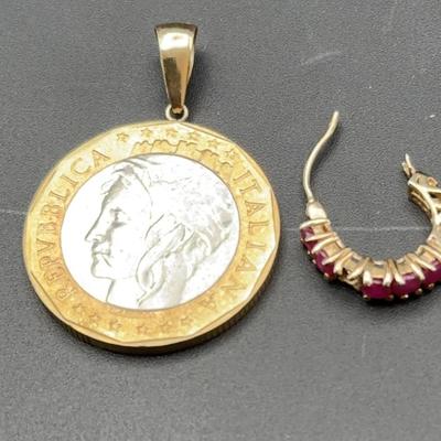 10K Gold Italian Coin Pendant & 10K Ruby Hoop Earring (1 Pc)