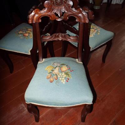 Sale Photo Thumbnail #144: VICTORIAN 19TH C. CARVED WALNUT FRUIT NEEDLEPOINT SEAT CHAIR