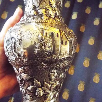 ANTIQUE S. KIRK & SONS STERLING REPOUSSE LEAFY BERRY PITCHER
ANTIQUE STERLING REPOUSSE LIDDED CONTAINER WITH VILLAGE IMAGES
