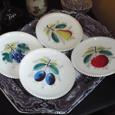 WESTMORELAND MILK GLASS WITH BEADED EDGE FRUIT PLATES
