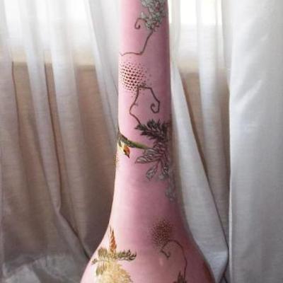 Sale Photo Thumbnail #172: JAPANESE MORIAGE PINK WITH BIRDS LONG NECK & BULBOUS BASE TALL VASE