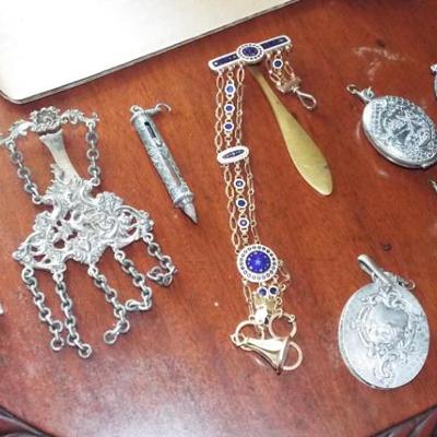 Sale Photo Thumbnail #235: ANTIQUE ART NOUVEAU (1890) STERLING CHATELAINE WITH 7 DANGLING ITEMS