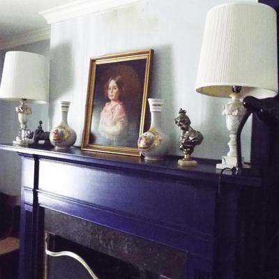 Sale Photo Thumbnail #178: LITTLE GIRL PAINTING WITH TWO LIMOGES STYLE PORCELAIN VASES, SILVERY WOMAN AND THE TWO WHITE CARARRA MARBLE LAMPS