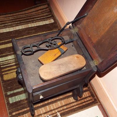Sale Photo Thumbnail #200: ANTIQUE VICTORIAN  SHOESHINE KIT WOODEN BOX WITH SHOE FORM