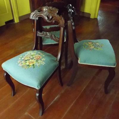 Sale Photo Thumbnail #174: VICTORIAN 19TH C. CARVED WALNUT FRUIT NEEDLEPOINT SEAT CHAIR
