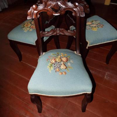 Sale Photo Thumbnail #142: VICTORIAN 19TH C. CARVED WALNUT FRUIT NEEDLEPOINT SEAT CHAIR