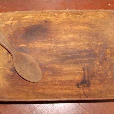 ANTIQUE HANDCARVED WOODED BREAD BOWL AND SPOON