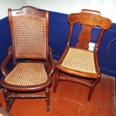 LATE 19TH C. CANE BACK & SEAT OAK ROCKING CHAIR 
19TH C. CHESTNUT EARED BACK CANE SEAT SIDE CHAIR
