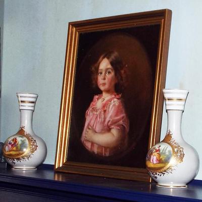 Sale Photo Thumbnail #158: ANTIQUE FRAMED “PINK GIRL WITH BLUE EYES” CLASSIC OIL PAINTING ON CANVAS LIMOGES STYLE BULBOUS PORCELAIN WITH LOVERS PAIR OF VASES