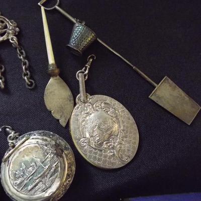 ANTIQUE ART NOUVEAU (1890) STERLING CHATELAINE WITH 7 DANGLING ITEMS