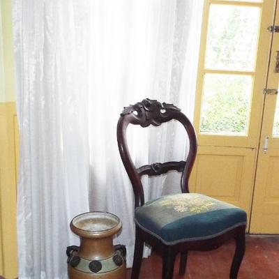 Sale Photo Thumbnail #141: VICTORIAN 19TH C. CARVED WALNUT FRUIT NEEDLEPOINT SEAT CHAIR AND LARGE VASE