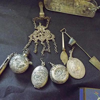 ANTIQUE ART NOUVEAU (1890) STERLING CHATELAINE WITH 7 DANGLING ITEMS