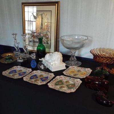 ROYAL BAVARIAN SCHUMANN DRESDEN PLATES, WHITE LION BOX,  DOLPHIN CANDLEHOLDERS AND ASSORTED VINTAGE GLASSWARE
