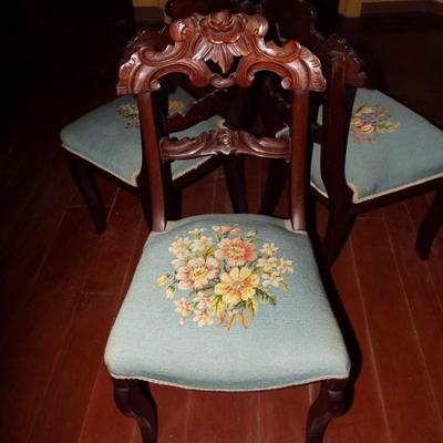 Sale Photo Thumbnail #143: VICTORIAN 19TH C. CARVED WALNUT FRUIT NEEDLEPOINT SEAT CHAIR