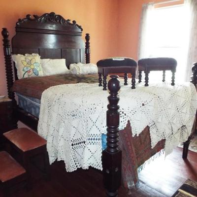 Sale Photo Thumbnail #193: ANTIQUE AMERICAN FEDERAL ¾ BED HEAVILY CARVED MAHOGANY POSTS BED & MATTRESS WITH NEEDLEPOINT STOOLS AND STEPS AND MATTRESS