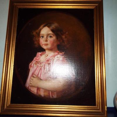 ANTIQUE FRAMED “PINK GIRL WITH BLUE EYES” CLASSIC OIL PAINTING ON CANVAS