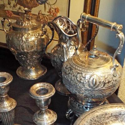 ANTIQUE S. KIRK & SONS STERLING REPOUSSE LEAFY BERRY PITCHER
ANTIQUE STERLING REPOUSSE LIDDED CONTAINER WITH VILLAGE IMAGES

