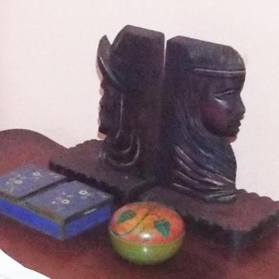 Sale Photo Thumbnail #228: CARVED ETHNIC WOOD MAYAN BOOKENDS AND CLOISONNE TWO SIDED BOX