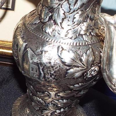 ANTIQUE S. KIRK & SONS STERLING REPOUSSE LEAFY BERRY PITCHER
ANTIQUE STERLING REPOUSSE LIDDED CONTAINER WITH VILLAGE IMAGES
