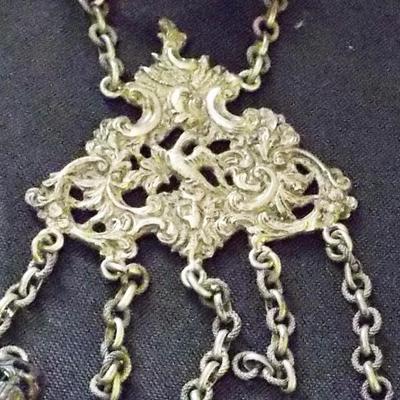 ANTIQUE ART NOUVEAU (1890) STERLING CHATELAINE WITH 7 DANGLING ITEMS