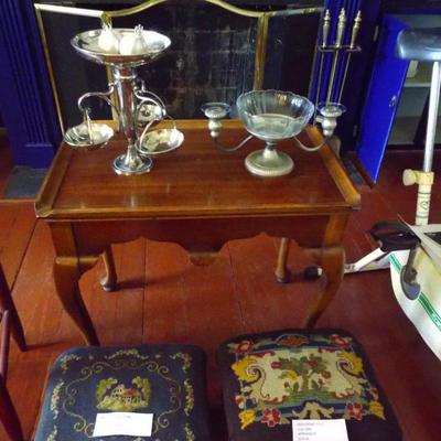 Sale Photo Thumbnail #218: VINTAGE MAHOGANY TEA TABLE W/ CANDLE HOLDER PULLOUTS  WITH ANTIQUE FOOTSTOOLS WITH NEEDLEPOINT COVER