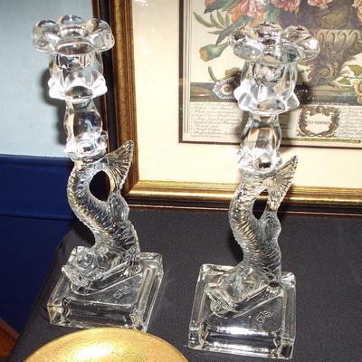 VINTAGE GODINGER DOLPHIN TALL CRYSTAL CANDLEHOLDER PAIR