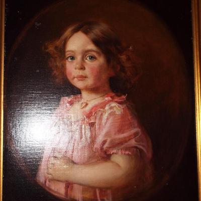 Sale Photo Thumbnail #225: ANTIQUE FRAMED “PINK GIRL WITH BLUE EYES” CLASSIC OIL PAINTING ON CANVAS