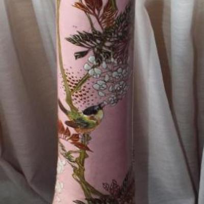Sale Photo Thumbnail #173: JAPANESE MORIAGE PINK WITH BIRDS LONG NECK & BULBOUS BASE TALL VASE