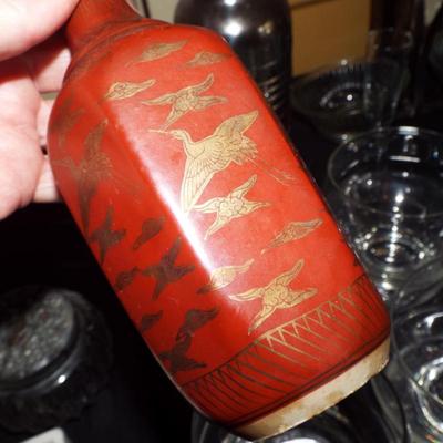 Sale Photo Thumbnail #114: JAPANESE KUTANI YUKI GOLD GILT CRANES ON RED BACKGROUND VASE PAIR