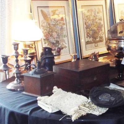 ANTIQUE WOODED LAP DESK MOST OFTEN USED ON RAILWAYS, ANTIQUE COFFEE GRINDER AND SILVERPLATE CANDELABRA