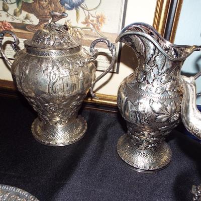 ANTIQUE S. KIRK & SONS STERLING REPOUSSE LEAFY BERRY PITCHER
ANTIQUE STERLING REPOUSSE LIDDED CONTAINER WITH VILLAGE IMAGES
