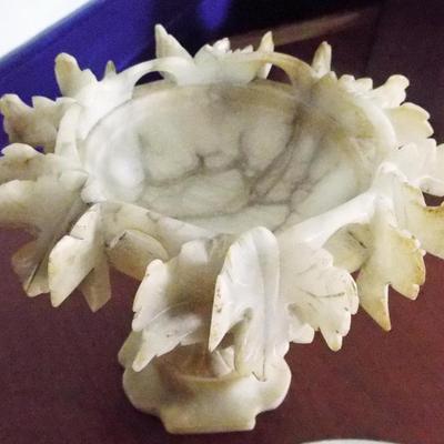 ANTIQUE CARVED WHITE ALABASTER PEDESTAL TAZZA BOWL